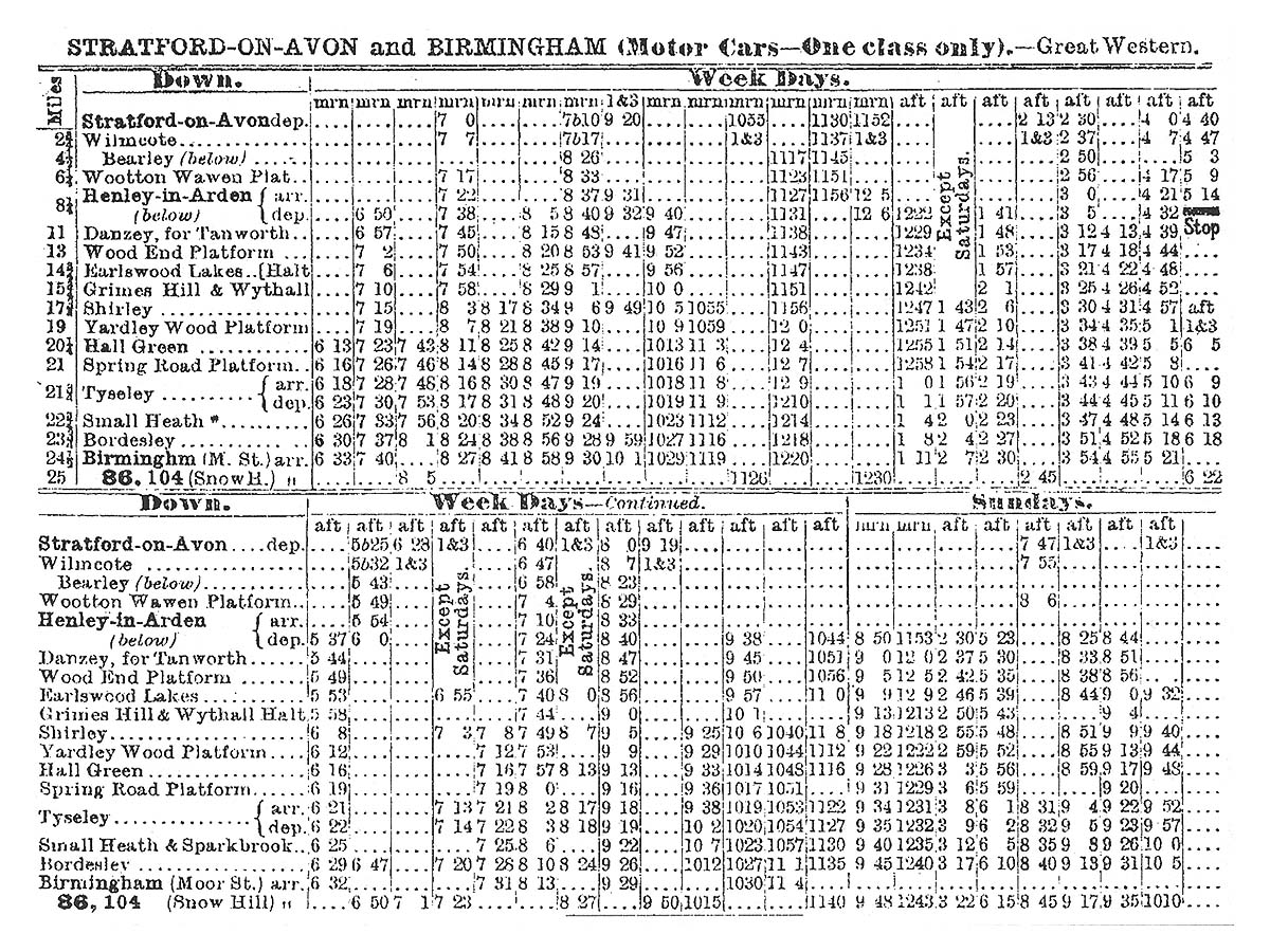 A July 1914 Public Time Table for 'Motor Cars' journeys between Birmingham Snow Hill to Stratford on Avon and return