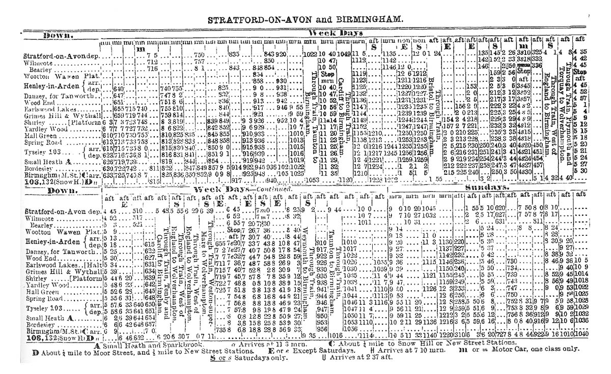 A 1928 Public Time Table for journeys between Stratford on Avon and Birmingham Snow Hill and return
