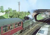 Ex-GWR 0-6-0 2251 class No 3217 is seen passing under Station Road bridge on the 8:43am Stratford upon Avon to Leamington Spa local passenger service