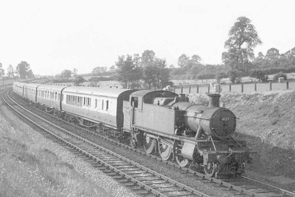 Ex-GWR 2-6-2T 'Large Prairie' No 4127 is seen descending Wilmcote Bank at the head of the 5:05pm Birmingham Moor Street to Stratford on Avon service