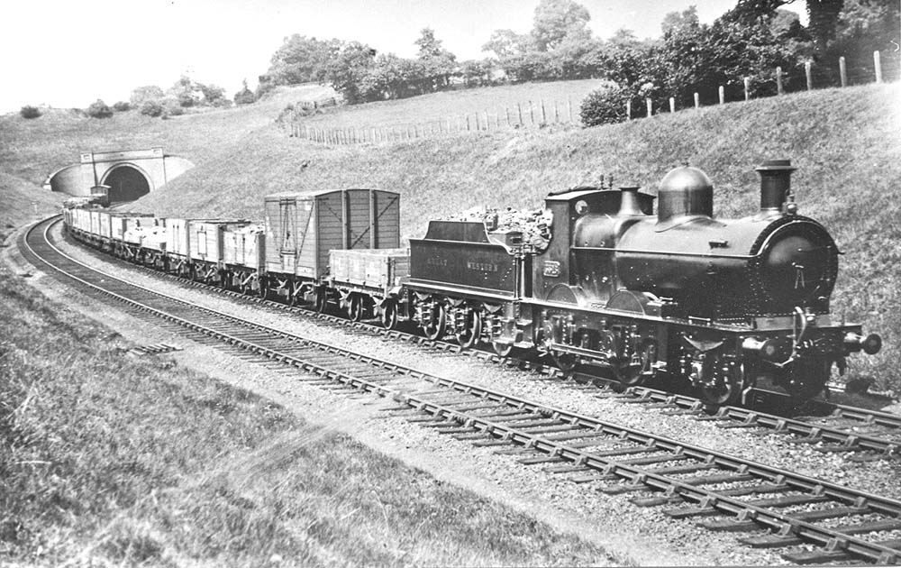 GWR 2-4-0 3201 class No 3516 leaves Wood End tunnel on a southbound Class B goods service