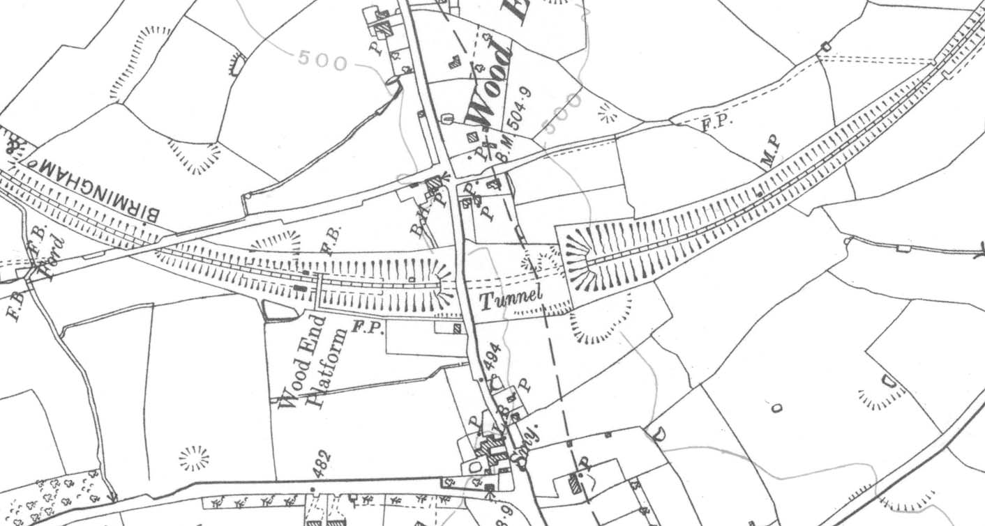An Ordnance Survey map of Wood End Platform and Tunnel  revised in 1914 but published in 1934