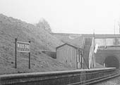 Close up showing the down platform's simple GWR standard corrugated asbestos passenger waiting room