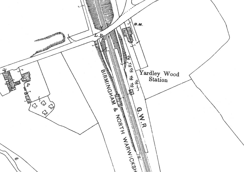 A 1916 Ordnance Survey Map showing the access to and configuration of Yardley Wood Platform