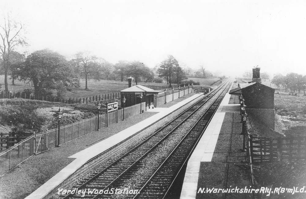 Looking towards Stratford upon Avon with the down platform and waiting room on the left and the up platform and waiting room on the right