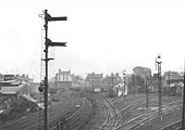 An elevated view of Aston shed seen on the right and on the left, the line to Stechford as seen on 23rd March 1962