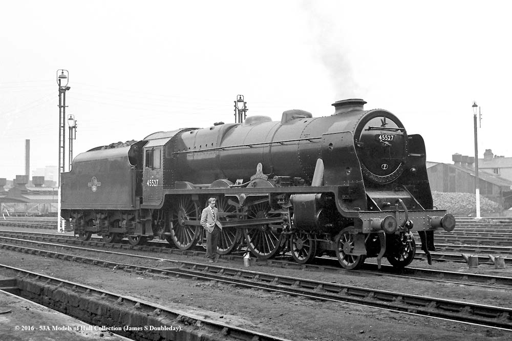 Ex-LMS rebuilt Patriot Class 4-6-0 No 45527 'Southport' stands in ex-works condition at Aston on 4th July 1957