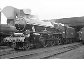 Ex-LMS 4-6-0 No 45595 'Southern Rhodesia', in immaculate condition, stands outside of Aston shed on 29th July 1962