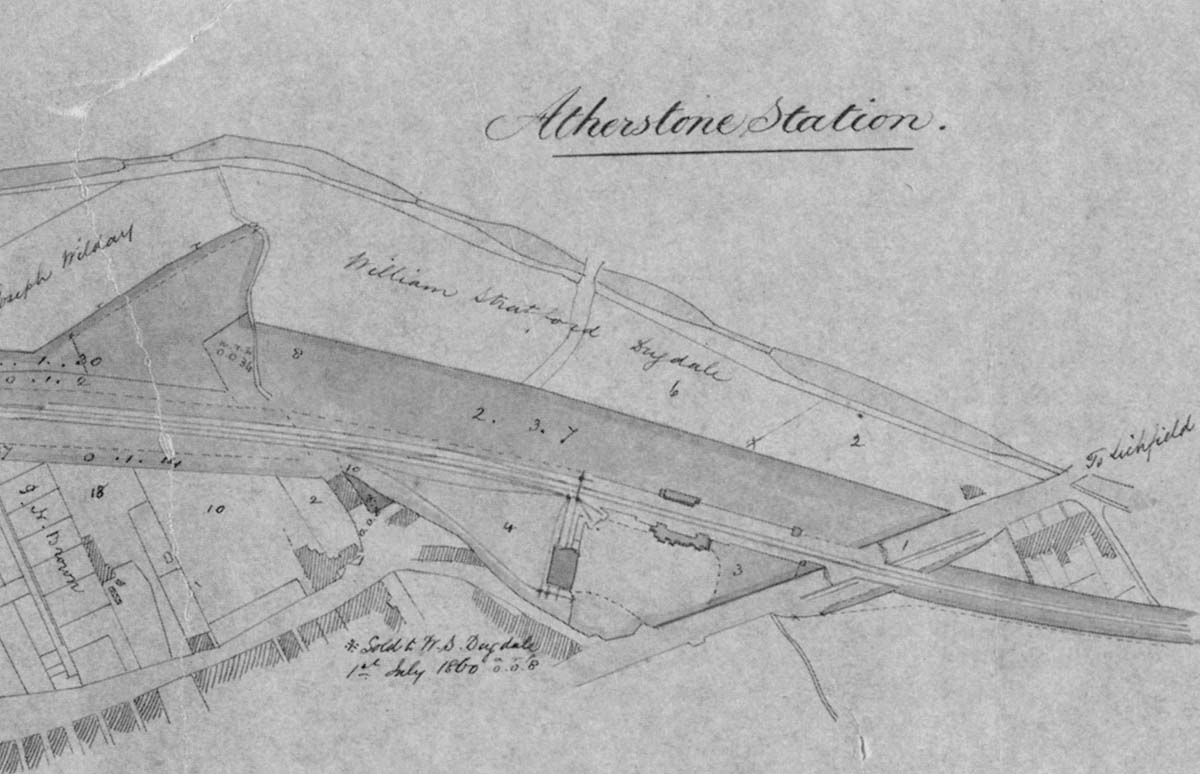 View of the original station layout showing the station. goods yard and shed together with the level crossing and underpass