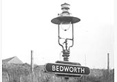 View of one Bedworth station's British Railways 'Totem' station name boards that were fitted to lampposts from 1954 onwards