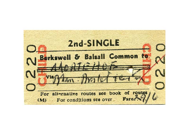 Front of a Second Class ticket from Berkswell to Balsall Common to Mortehoe via New Street & Bristol dated 18th August 1967