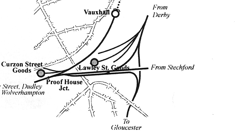 Schematic showing the lines and junctions between the MR and LNWR as they approach New Street station