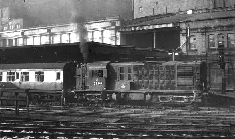 North British Paxman Diesel Electric 'Bo-Bo' No 10800 is seen having just arrived with a local passenger service despite carrying a Class 'C' headcode