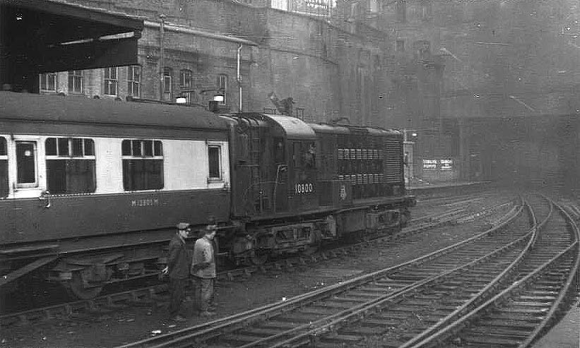 North British Paxman Diesel Electric 'Bo-Bo' No 10800 is seen having just arrived with a local passenger service despite carrying a Class 'C' headcode