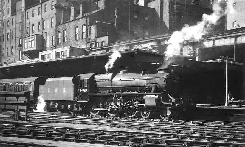 Ex-LMS 5MT 4-6-0 No 44767, the very last locomotive built by the LMS, is seen starting away from Platform 3 with a service to Euston