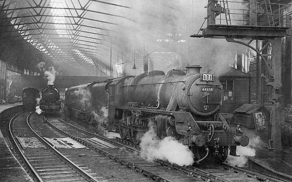 British Railways built 5MT 4-6-0 No 44659 prepares to depart Platform 7 on 4 25pm relief service to Sheffield Midland