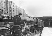 Ex-LMS 5XP 4-6-0 Jubilee class No 45623 'Palestine' is seen standing at the West end of Platform 6 at the head of a Wolverhampton express