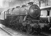 Ex-LMS 5MT 4-6-0 No 44687 is on the middle road between Platforms 7 and 8 ready to take forward the Pines Express