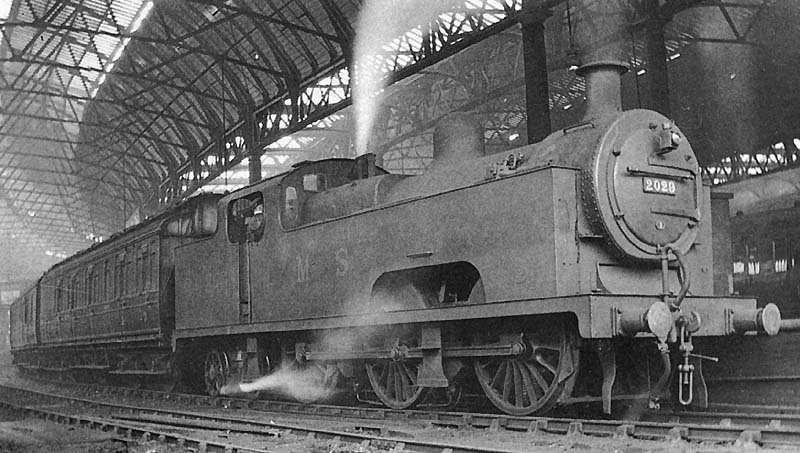 Ex-Midland Railway 0-6-4T No 2029 stands at the East end of the up face of Platform 5 on a Birmingham to Leicester local passenger service