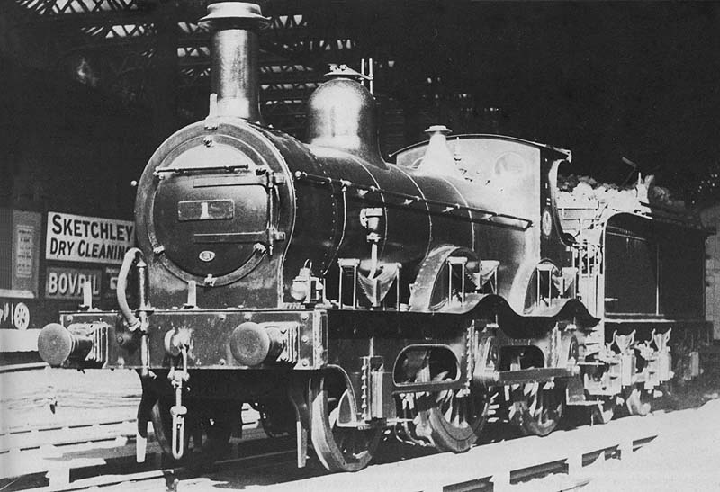 Ex-Midland Railway Kirtley 2-4-0 No 1 is seen resplendent and gleaming in its LMS Crimson Lake livery whilst acting as West end pilot circa 1928