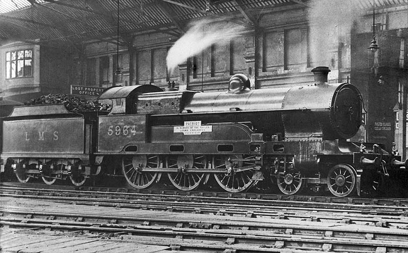 Ex-LNWR 5XP 4-6-0 No 5464 'Patriot' is seen standing at the East end of Platform 1 whilst at the head of a Birmingham to Harwich express service