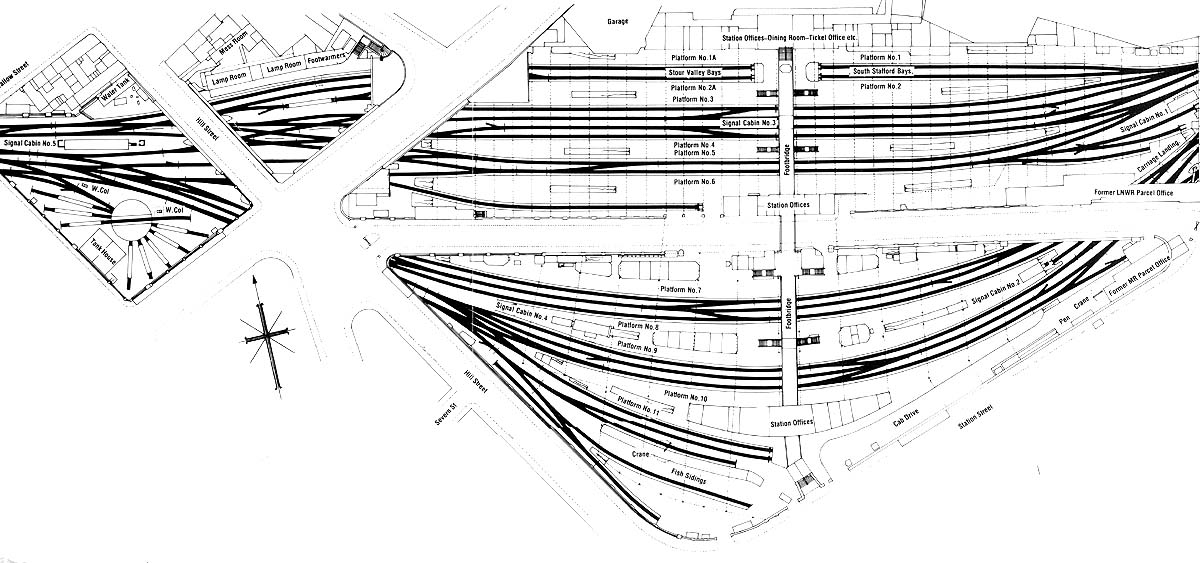 A 1950 view of the layout of the enlarged station with the Midland portion at the bottom and the turntable at the West end of the station