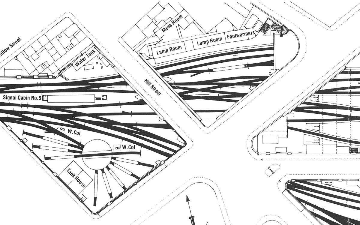 Close up of the 1950 layout showing the West end of the station trackwork and No 5 Signal Cabin and the adjacent turntable