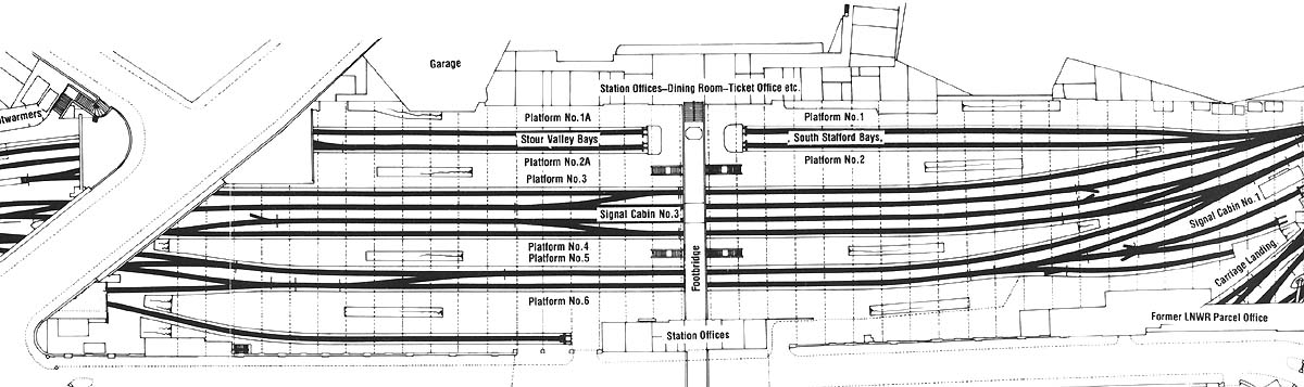 Close up of the 1950 plan showing the revised platform layout which was adopted before the station opened in 1854