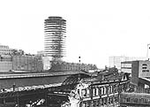 An elevated view of the demolition of the main station building on Midland portion of New Street station with Rotunda rising in the background