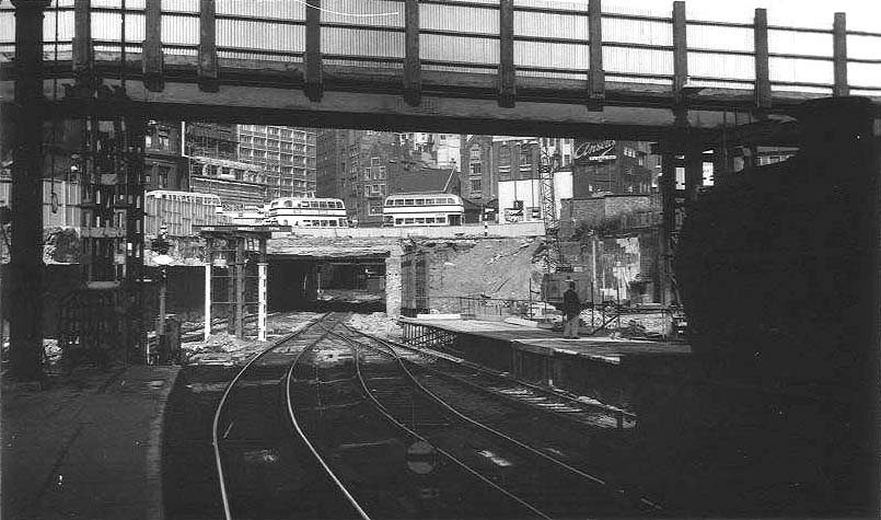 Looking West from the end of Platform 8 towards the bridge carrying the junction of Hill Street, John Bright Street and Navigation Street