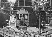 Close up of New Street No 2 Signal Cabin and the timber bracket signals controlling departures to Derby