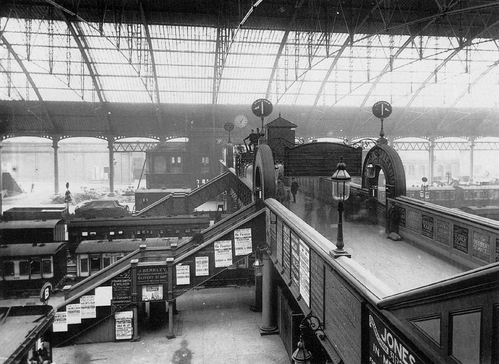 View of the passenger footbridge in the original portion of New Street with building work still evident on Platform 3 next to Queens Drive