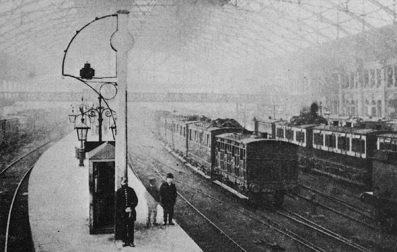 Looking North from the East of Platform 2 towards the central footbridge and Navigation Street circa 1865