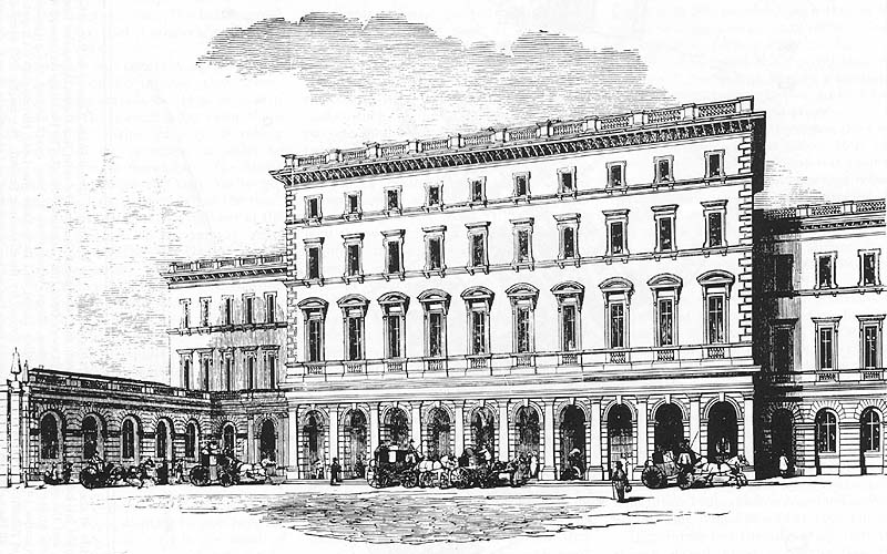 An engraved illustration of the entrance to New Street station and the frontage of the Queen's Hotel shortly after the station was opened