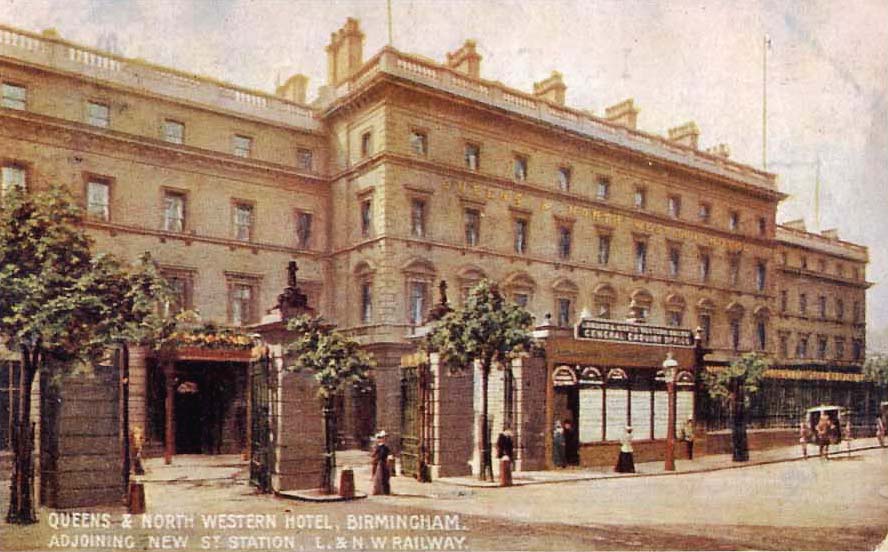 A coloured postcard looking from Stephenson Place showing the entrance to the private road in front of the Queen's & North Western Hotel