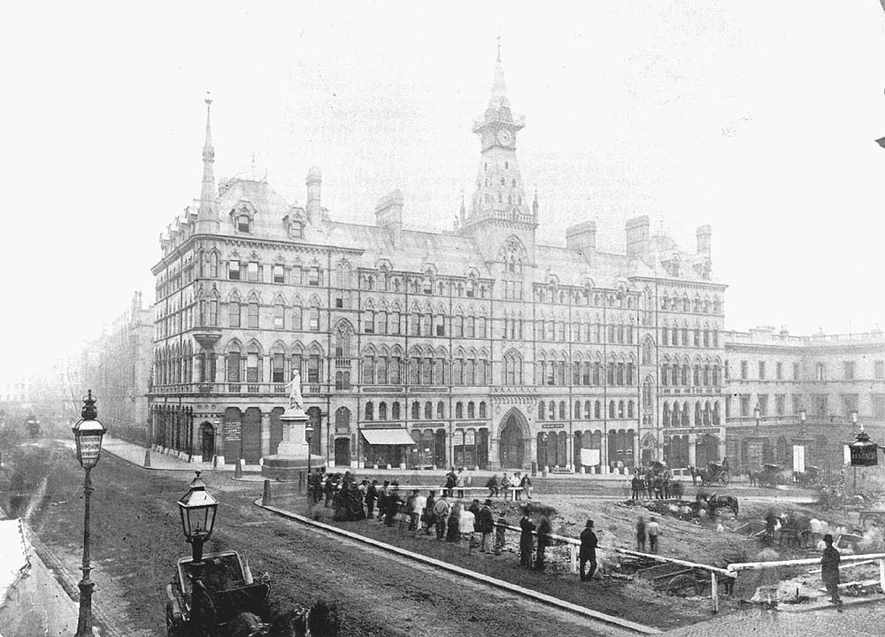 A view of Stephenson Place looking from from New Street with the Queen's Hotel seen to the right of the impressive Exchange Building