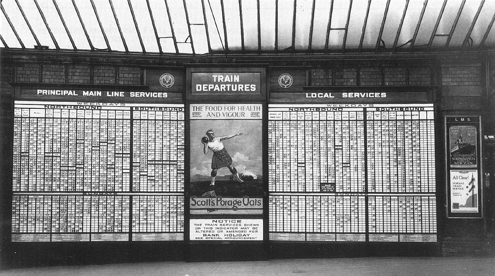 View of the 25 feet wide train indicator board erected by the LMS in September 1926 at the Station Street entrance to Platform Six