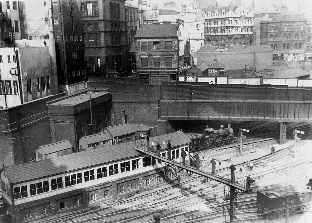 An aerial view of New Street station's 1884 No 5 Signal Box which was 80 feet long and equipped with 152 levers on 4th May 1938