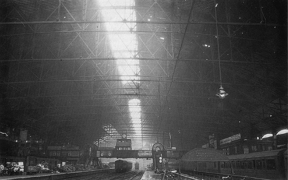 View of New Street station's centre lantern light and ventilation section being removed in 1945