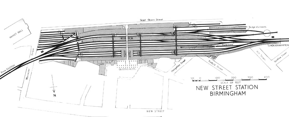 An 1854 map of New Street Station showing on the left the two roads from Euston and Derby and on the right, the roads through the tunnel to Wolverhampton