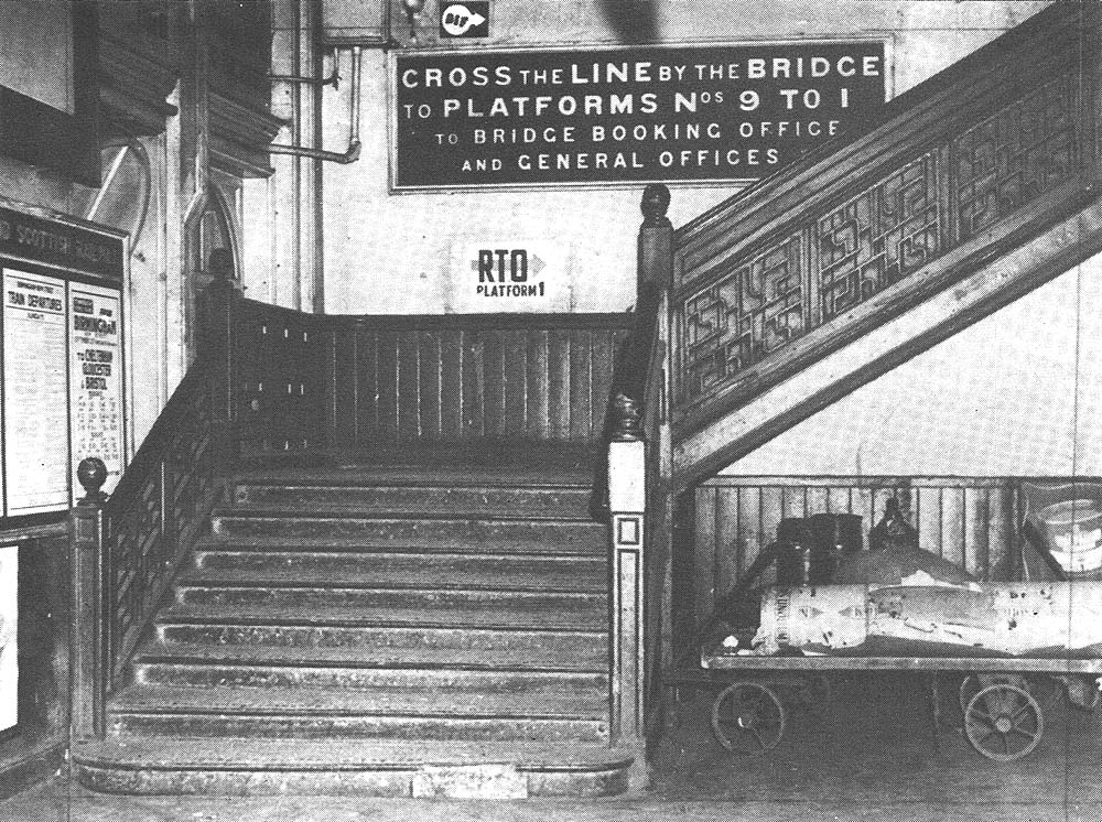 View of the steps leading from the Station Street Booking Office up to the public footbridge