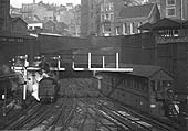 Looking West  from Navigation Street bridge towards Swallow Street bridge showing New Street No 5 Signal Cabin on the right and the recently painted signal gantry