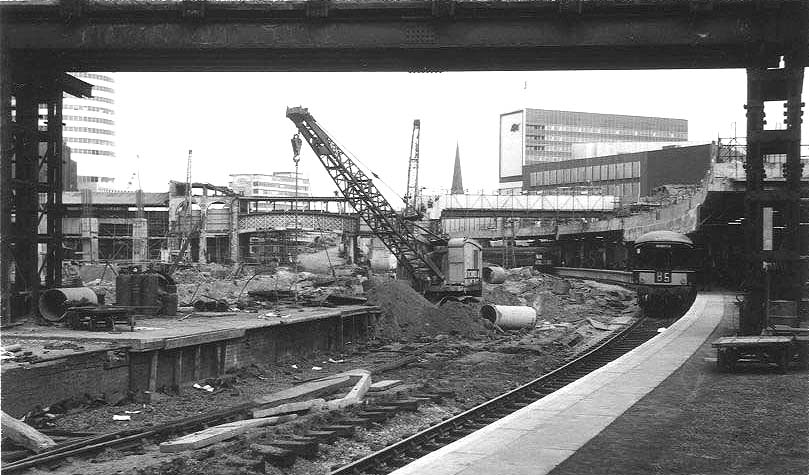 Looking East from the West end of Platform 10 with the soon to be demolished passenger footbridge over Queens Drive in the middle distance