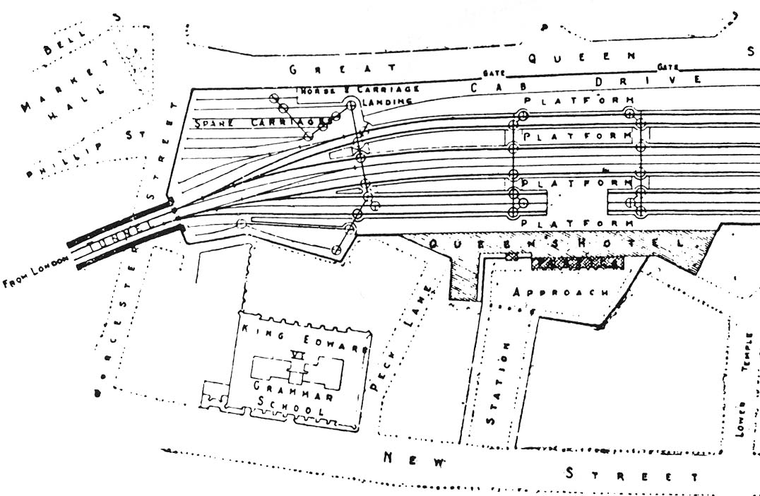 Close up showing the access to the spare carriage sidings and the horse & carriage landing on the East side of the station