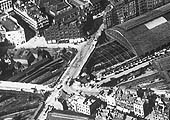 An aerial view of the West end of New Street station showing its relationship with the junction of Hill Street, Navigation Street, John Bright Street and Queens Drive