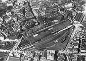 An aerial view of New Street station showing how the station dominated this part of the city centre with the Queens Hotel towering above the North side of the station
