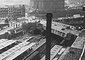 Close up showing the five ways junction of John Bright Street, Hill Street and Navigation Street the latter two continuing as bridges over the station