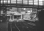 Looking West from the end of Platform 8 towards the bridge carrying the junction of Hill Street, John Bright Street and Navigation Street