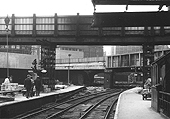 Looking West towards New Street No 5 Signal Box with New Street's new Power Box seen above Navigation Street bridge on 22nd May 1965