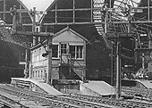 Close up of New Street No 2 Signal Box which protected the 'Midland' portion of New Street station and the timber bracket signals controlling departures to Derby